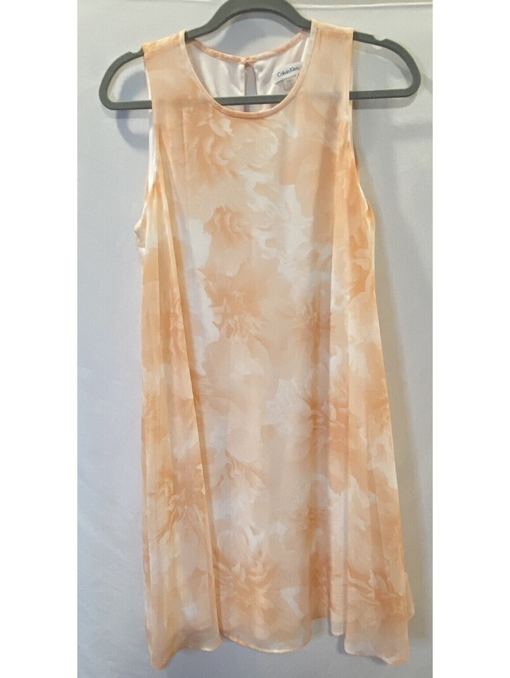 Calvin Klein Dress Size 12 Peach Floral Coral Sleeveless Tank Trapeze Lined